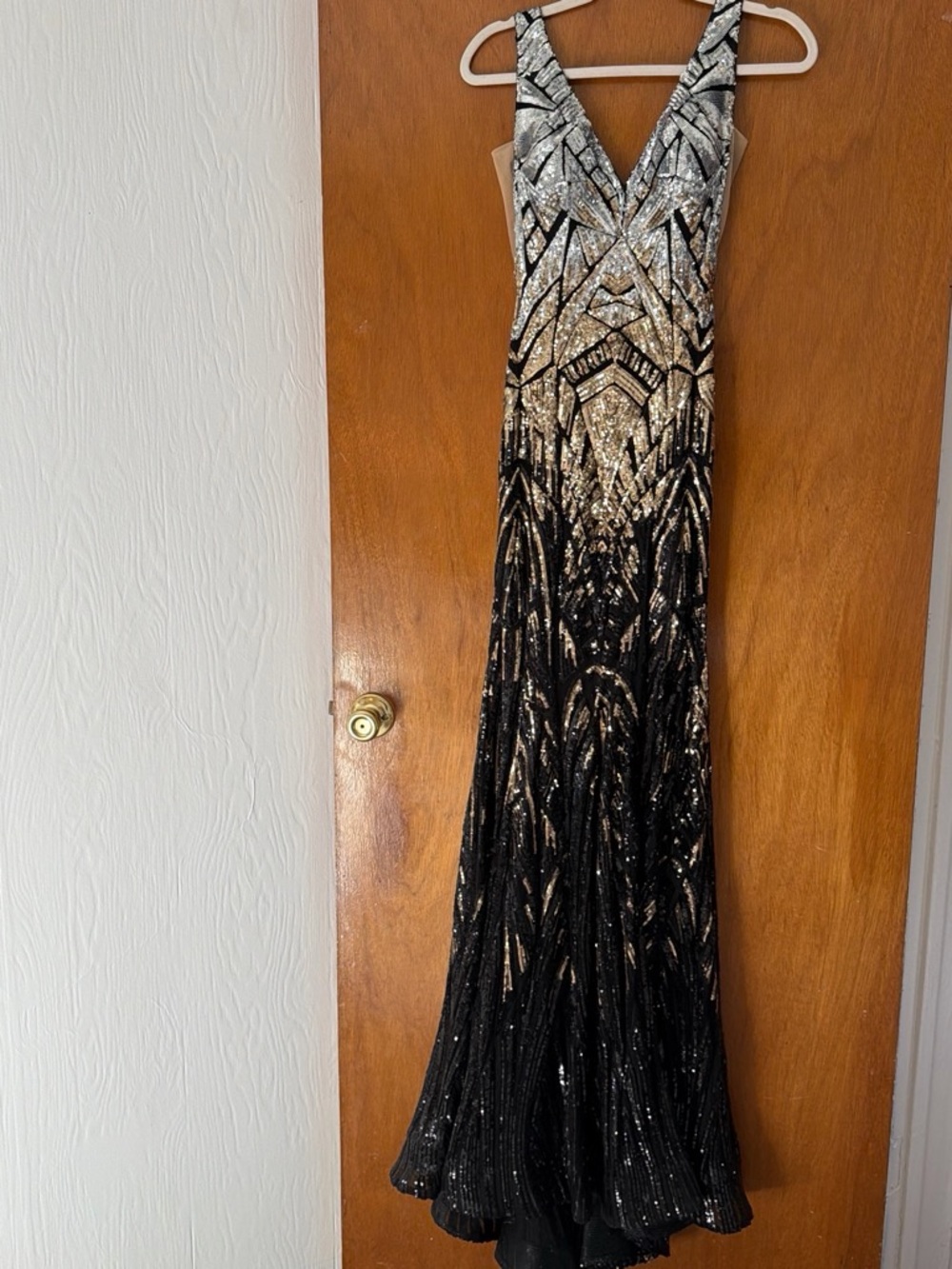 Jovani Black Gold Silver Sequin Mermaid Formal Gown Prom Dress Size 2